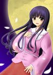  black_hair blue_background blush bow brown_eyes dutch_angle full_moon gradient gradient_background hand_on_own_chest highres houraisan_kaguya japanese_clothes kazuki_ena long_hair long_sleeves looking_at_viewer md5_mismatch moon open_mouth petals solo touhou 