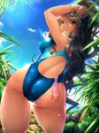  ass bracelet breasts competition_swimsuit condom condom_in_mouth dark_skin day from_behind green_eyes grey_hair highres ishii_akira jewelry large_breasts lips looking_back mouth_hold nail_polish one-piece_swimsuit original ponytail sky smile solo swimsuit thigh_gap thighs tree used_condom 
