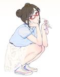  blush brown_eyes brown_hair condom cum cum_in_mouth double_bun drinking_straw glasses image_sample looking_at_viewer original skirt solo squatting twitter_sample used_condom xxzero 