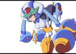  android armor ass bent_over black_border blush bodysuit border breasts flying green_hair helmet holding holding_staff looking_at_viewer medium_breasts object_riding pandora_(rockman) parted_lips pink_eyes red_eyes rockman rockman_zx semikichi simple_background solo staff weapon white_background 