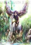  access_time baggy_pants black_wings copyright_name feathered_wings full_body gem grass highres kamikaze_kaitou_jeanne long_hair male_focus nature pants pointy_ears purple_hair rock sandals see-through shawl sitting sleeveless solo trouba water white_pants wings 