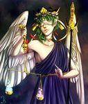  angel_wings armband balance_scale blindfold breasts chain choker green_hair hat highres justitia_(mythology) kelbremdusk polearm rod_of_remorse shiki_eiki sideboob skull small_breasts toga touhou trident weapon weighing_scale white_wings wings 