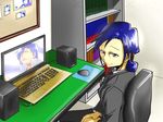  blue_hair business_suit cameo computer folded_ponytail formal highres idolmaster idolmaster_(classic) kisaragi_chigusa kisaragi_chihaya laptop miyaryuu_(sunflower) sitting smile solo suit 