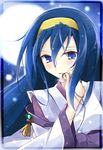  blue_eyes blue_hair border detached_sleeves faech full_moon hair_between_eyes hairband highres himemiya_chikane holding jewelry kannazuki_no_miko long_hair moon necklace shell solo upper_body wide_sleeves yellow_hairband 