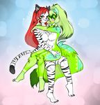  anthro blush breasts canine claws cub dog duo feline female fur green_eyes green_fur green_hair hair hug long_hair looking_at_viewer mammal melon_ramune nude picorna red_hair rika_windblade sitting stripes teal_eyes teal_fur tiger tongue tongue_out white_fur white_tiger young 