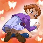  brown_hair dress eyelashes haruyama_kazunori l'ecole_des_cinq_lumieres_school_uniform looking_at_viewer lowres natsuki_rin panties pantyshot precure red_background red_eyes school_uniform shoes short_hair socks solo underwear very_short_hair yes!_precure_5 