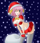  aqua_eyes bag blush breasts cleavage hair_ribbon large_breasts looking_at_viewer miniskirt one_eye_closed open_mouth original pink_hair revealing_clothes ribbon santa_costume short_hair skirt snowing solo thighhighs yani_tama 