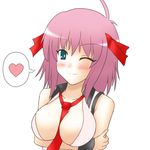  aqua_eyes between_breasts blush breasts cleavage hair_ribbon heart large_breasts looking_at_viewer necktie one_eye_closed open_clothes open_shirt original pink_hair ribbon shirt short_hair speech_bubble yani_tama 