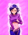  clothes_lift highres idolmaster kisaragi_chigusa lifted_by_self miyaryuu_(sunflower) navel pants pants_pull pulled_by_self smile solo sweater sweater_lift turtleneck 