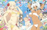  6+girls ahoge aimu_(senran_kagura) aqua_eyes armpits bikini black_bikini black_eyes black_ribbon blonde_hair blue_eyes blue_hair blush bouquet bracelet breasts brown_eyes brown_hair cleavage closed_mouth dark_skin drill_hair earrings eyes_closed flower ginrei_(senran_kagura) hair_flower hair_ornament hair_ribbon hairband hairclip hand_on_own_face highres jewelry kumi_(senran_kagura) kurohoro_(senran_kagura) large_breasts leaning_forward leo_(senran_kagura) long_hair looking_at_viewer misato_(senran_kagura) multiple_girls nachi_(senran_kagura) navel official_art open_mouth orange_hair parted_lips pendant ponytail purple_eyes red_eyes ribbon ring senran_kagura senran_kagura_new_wave short_hair silver_hair smile standing swimsuit syuri_(senran_kagura) twintails ushimaru_(senran_kagura) very_long_hair white_bikini white_hair yaegashi_nan yellow_bikini yuyaki_(senran_kagura) 