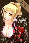 2013 :p blonde_hair blush breasts cleavage collarbone hair_bobbles hair_ornament highres japanese_clothes kimono large_breasts long_sleeves looking_at_viewer nekur original ponytail smile solo tongue tongue_out yellow_eyes 