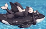  anthro blue_eyes blush breasts cetacean duo female feral looking_at_viewer lying mammal marine mrsk necklace nipples nude on_back open_mouth orca size_difference solo solo_focus thick_thighs water whale 