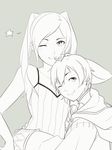  1girl blush camisole female_my_unit_(fire_emblem:_kakusei) fire_emblem fire_emblem:_kakusei greyscale hug long_hair looking_at_viewer mark_(fire_emblem) mark_(male)_(fire_emblem) monochrome mother_and_son my_unit_(fire_emblem:_kakusei) one_eye_closed smile spaghetti_strap star tusia twintails 