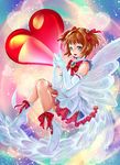  :d ankle_boots bare_shoulders blush boots bow bowtie brooch brown_hair cardcaptor_sakura dress elbow_gloves floating full_body gem gloves green_eyes hair_ribbon hands_together heart highres jewelry kinomoto_sakura looking_at_viewer magical_girl munakata open_mouth red_bow red_neckwear red_ribbon ribbon ribbon-trimmed_gloves ribbon_trim shoes short_hair sleeveless sleeveless_dress smile solo thighs white_dress white_gloves 