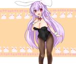  animal_ears bare_arms bare_shoulders black_legwear breasts bunny bunny_ears bunny_girl bunnysuit cleavage detached_collar large_breasts leotard long_hair looking_at_viewer open_mouth pantyhose pink_eyes purple_hair reisen_udongein_inaba smile solo sprout_(33510539) touhou very_long_hair wrist_cuffs 