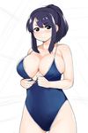  blush breasts cleavage competition_school_swimsuit highres huge_breasts looking_at_viewer moru_(monaka) one-piece_swimsuit original ponytail purple_eyes purple_hair solo swimsuit swimsuit_pull white_background 