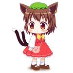  :&lt; animal_ears bag bebeneko bow brown_eyes brown_hair cat_ears cat_tail chen chibi commentary dress ear_piercing full_body handbag hat jewelry long_sleeves mary_janes mob_cap multiple_tails nekomata piercing red_dress shirt shoes shoulder_bag simple_background single_earring solo tail themed_object touhou white_background younger 