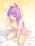  animal_ears bare_shoulders barefoot blush breasts bunny_ears long_hair medium_breasts nipples one_eye_closed open_mouth ouka_(ra-raradan) purple_hair red_eyes reisen_udongein_inaba sitting soles solo tears touhou wariza wince 