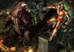  battle city cityscape fire glowing godzilla godzilla_(series) kaijuu monster ruins ultra_series ultraman_powered zeze 