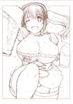  3e alcohol apron beer beer_mug blush breasts bursting_breasts cleavage corset covered_nipples cowboy_shot cross-laced_clothes cup dated dirndl dress drink dual_wielding frills garter_straps german_clothes headphones heart holding holding_cup huge_breasts jewelry looking_at_viewer monochrome mug necklace nitroplus one_eye_closed open_mouth panties pleated_dress plump short_dress short_hair short_sleeves short_twintails simple_background sketch smile solo speech_bubble spoken_heart standing star star_necklace super_pochaco sweat thick_thighs thighhighs thighs traditional_media translation_request twintails underbust underwear waist_apron waitress wrist_cuffs 