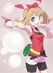  bare_shoulders blue_eyes bow breasts brown_hair fanny_pack hair_bow hairband haruka_(pokemon) highres holding holding_poke_ball nanjin pointing poke_ball poke_ball_(generic) pokemon pokemon_(game) pokemon_oras short_hair shorts small_breasts smile solo 