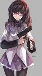  akemi_homura bad_id bad_pixiv_id black_hair black_legwear braid cartridge finger_on_trigger glasses grey_background gun hairband handgun heckler_&amp;_koch highres hk_mark_23 holding holding_gun holding_weapon long_hair looking_at_viewer magical_girl mahou_shoujo_madoka_magica pantyhose purple_eyes red-framed_eyewear signature simple_background solo swd3e2 twin_braids weapon 