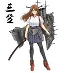  black_legwear brown_eyes brown_hair cannon character_name headgear ishii_hisao japanese_clothes kantai_collection katana long_hair machinery mikasa_(battleship) mikasa_(kantai_collection) original pantyhose pleated_skirt scabbard sheath sheathed skirt solo sword translated turret weapon 