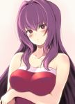  1girl 3yuki :o arm_under_breasts bare_shoulders beige_background blush breasts collarbone commentary_request covered_nipples dress eyebrows_visible_through_hair fate/grand_order fate_(series) fur_trim hair_intakes highres large_breasts long_hair looking_at_viewer purple_hair red_dress red_eyes scathach_(fate)_(all) scathach_(fate/grand_order) simple_background strapless strapless_dress upper_body 