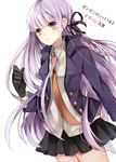  braid copyright_name danganronpa danganronpa_1 gloves hair_ribbon ichinose_(sorario) jacket kirigiri_kyouko long_hair necktie open_clothes open_jacket purple_eyes purple_hair ribbon single_braid skirt solo very_long_hair 