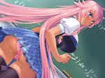  angry aota_natsu aqua_eyes ass black_legwear chalk chalkboard dutch_angle game_cg holding long_hair mochizuki_nozomu panties pink_hair pink_panties plaid plaid_skirt pleated_skirt puffy_sleeves saimin_class short_sleeves sidelocks skirt solo tears thighhighs underwear upskirt very_long_hair wet wet_clothes wet_panties 