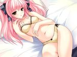  :o bangs bed_sheet black_legwear blush bow bow_panties bra choukou_sennin_haruka cowboy_shot dutch_angle fingernails flat_chest from_above game_cg hair_ribbon hand_on_own_stomach kneehighs long_fingernails looking_at_viewer lying navel on_back on_bed onigirikun panties parted_lips pillow pink_hair polka_dot polka_dot_bra polka_dot_panties ribbon shihoudou_narika side-tie_panties solo striped sweat twintails underwear underwear_only yellow_bra yellow_eyes yellow_panties 