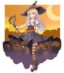  absurdres blonde_hair blue_eyes boots crescent_moon dress earrings fangs gloves halloween hat highres jewelry kurokin long_hair moon original pointy_ears solo staff striped striped_legwear thighhighs white_gloves witch_hat 