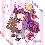  2014 blue_bow book bow capelet chibi crescent dated dress hair_ribbon hat long_dress long_hair looking_at_viewer mob_cap mukyuu multicolored multicolored_background natsuki_(silent_selena) patchouli_knowledge purple_hair purple_hat red_bow ribbon smile solo touhou tress_ribbon white_dress wide_sleeves |_| 