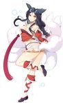  ahri animal_ears black_hair blush braid breasts brown_eyes cleavage dakun detached_sleeves fox_ears fox_tail full_body large_breasts league_of_legends long_hair long_sleeves multiple_tails single_braid skirt solo tail white_background 