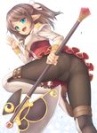  aqua_eyes axe brown_hair crotch_seam highres looking_at_viewer open_mouth original panties panties_under_pantyhose pantyhose pointy_ears ponytail sasaame short_hair solo thighband_pantyhose underwear weapon 