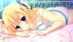  bed_sheet blonde_hair blue_bra blue_eyes blue_panties bra breasts da_capo da_capo_iii da_capo_iii_platinum_partner game_cg hair_ornament hair_ribbon hairclip long_hair looking_at_viewer lying medium_breasts morizono_rikka on_stomach panties ribbon smile tanihara_natsuki twintails two_side_up underwear underwear_only 