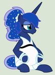  absurd_res big_belly blue_fur blue_hair dress equine evilfrenzy female feral friendship_is_magic fur hair hi_res horn mammal my_little_pony plain_background ponytail pregnant princess_luna_(mlp) solo teal_eyes unicorn 