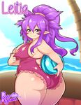  1girl agawa_ryou ass ball blue_eyes breasts fat female from_behind huge_ass large_breasts long_hair long_ponytail looking_back ocean one-piece_swimsuit outdoors pointy_ears ponytail purple_hair purple_swimsuit solo standing summer swimsuit thick_thighs thighs 