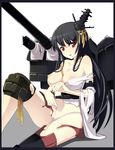  black_hair border breasts caryo cleavage collarbone fusou_(kantai_collection) hair_ornament kantai_collection knee_pads large_breasts long_hair looking_at_viewer nanashino navel nipples panties parted_lips red_eyes skindentation solo tears torn_clothes turret underwear white_panties 