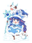  alternate_costume animal_ears blue_dress blue_eyes blue_hair blush boots braid brown_gloves dakun dress fang full_body gloves hat league_of_legends long_hair long_sleeves lulu_(league_of_legends) open_mouth poro_(league_of_legends) smile snowman solo staff symbol-shaped_pupils white_background winter_clothes winter_wonder_lulu 