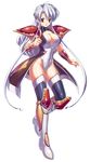  armor bracer breasts brown_eyes claret_(langrisser) cleavage covered_navel full_body highres langrisser langrisser_v large_breasts leotard long_hair long_legs pauldrons simple_background thighhighs uchiu_kazuma white_hair 