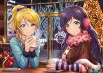  10s 2girls aqua_eyes arm_warmers artist_name ayase_eli bag beige_scarf blonde_hair blue_bow blue_eyes blue_shirt blush bow brown_capelet cafe capelet chair christmas christmas_lights christmas_tree closed_mouth commentary_request cup dated earmuffs elbows_on_table eyebrows_visible_through_hair fur-trimmed_capelet fur-trimmed_sleeves fur_trim gift_bag hair_between_eyes hair_bow hair_down highres holding holding_cup indoors long_hair long_sleeves looking_at_viewer love_live! love_live!_school_idol_project menu mug multiple_girls night pink_scarf plate ponytail pov_across_table print_scarf purple_hair saucer scarf shamakho shirt shopping_bag sidelocks signature smile spoon star star_print striped striped_bow toujou_nozomi window winter_clothes 