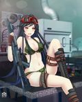  ammunition_belt bad_id bad_pixiv_id beaker belt belt_buckle bikini black_hair blurry blush bokeh boots breasts buckle camouflage camouflage_bikini cleavage cross-laced_footwear depth_of_field desk dna_strand erlenmeyer_flask fingerless_gloves gloves goggles gun holster knee_boots laboratory lace-up_boots large_breasts long_hair mon_(monsohot) on_desk original shotgun sitting sitting_on_desk solo swimsuit table test_tube thigh_holster ventilation_shaft weapon 