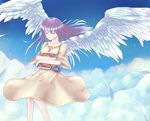  above_clouds alternate_costume bird_wings blue_sky book book_hug brooch character_name closed_eyes collarbone crescent day dress feathers flying highres holding holding_book jewelry light_particles light_smile long_hair orinpachu patchouli_knowledge purple_hair sky solo star touhou wind wings 