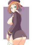 1girl areolae ass beret bottomless breasts breasts_outside female from_behind green_eyes hat highres kira_tsubasa large_breasts legwear looking_back love_live!_school_idol_project naruse_mai nipples no_bra no_underwear open_clothes opern_shirt orange_hair shirt short_hair simple_background solo standing thighhighs 