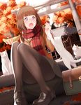  :o bag black_legwear blazer brown_hair cat enpera glasses jacket loafers nanahime open_mouth original pantyhose pink_eyes plaid plaid_scarf scarf school_bag school_briefcase school_uniform shoes sitting solo torii 