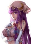  adapted_costume bare_shoulders blush breasts cleavage covered_nipples crescent elbow_gloves gloves hair_ribbon hat large_breasts long_hair midriff mr_cloud open_mouth patchouli_knowledge purple_eyes purple_hair ribbon simple_background solo touhou white_background white_gloves 