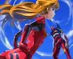  andou_shuuki ass bad_id bad_pixiv_id bangs blue_eyes bodysuit breasts cloud cowboy_shot day dutch_angle evangelion:_2.0_you_can_(not)_advance floating_hair from_below from_side gloves half_updo hands_on_hips light_smile long_hair looking_at_viewer mecha neon_genesis_evangelion orange_hair outdoors pilot_suit plugsuit profile rebuild_of_evangelion shikinami_asuka_langley sky small_breasts smile souryuu_asuka_langley turtleneck 
