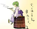  bucket green_hair hair_bobbles hair_ornament japanese_clothes kiseru kisume mist_(artist) pipe sandals shoe_dangle short_hair sitting smoking solo touhou translation_request wooden_bucket 