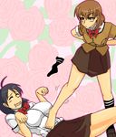  69_(tranquilo) ahoge arms_behind_back bad_id bad_pixiv_id barefoot black_hair blush brown_eyes brown_hair closed_eyes flower maria_holic miyamae_kanako multiple_girls oekaki paw_pose pet_play rubbing saliva school_uniform shoes short_hair single_shoe single_sock socks tsutsui_honoka yuri 